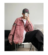 Threebooy Vintage Washed Worn Pink Jean Jacket for Mens Oversized Embroidery Jacquard Patchwork Denim Jacket Distressed Unisex Outerwear